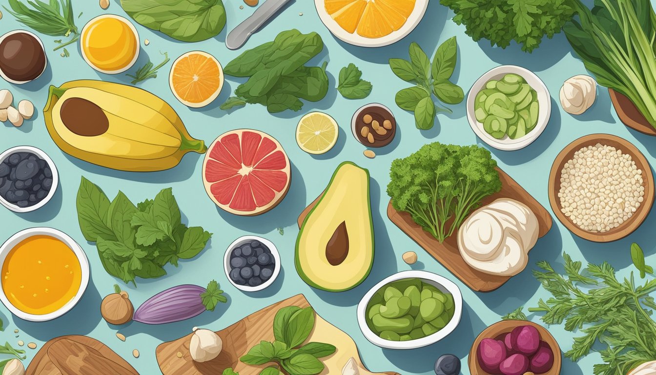 A colorful array of fresh superfoods, herbs, and alternative cooking ingredients spread out on a kitchen counter, with a variety of supplements neatly arranged next to a cutting board and knife