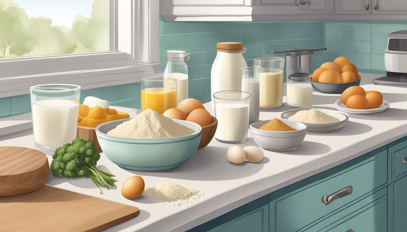 A kitchen counter with various ingredients and their safe alternatives, such as dairy-free milk, gluten-free flour, and egg replacers