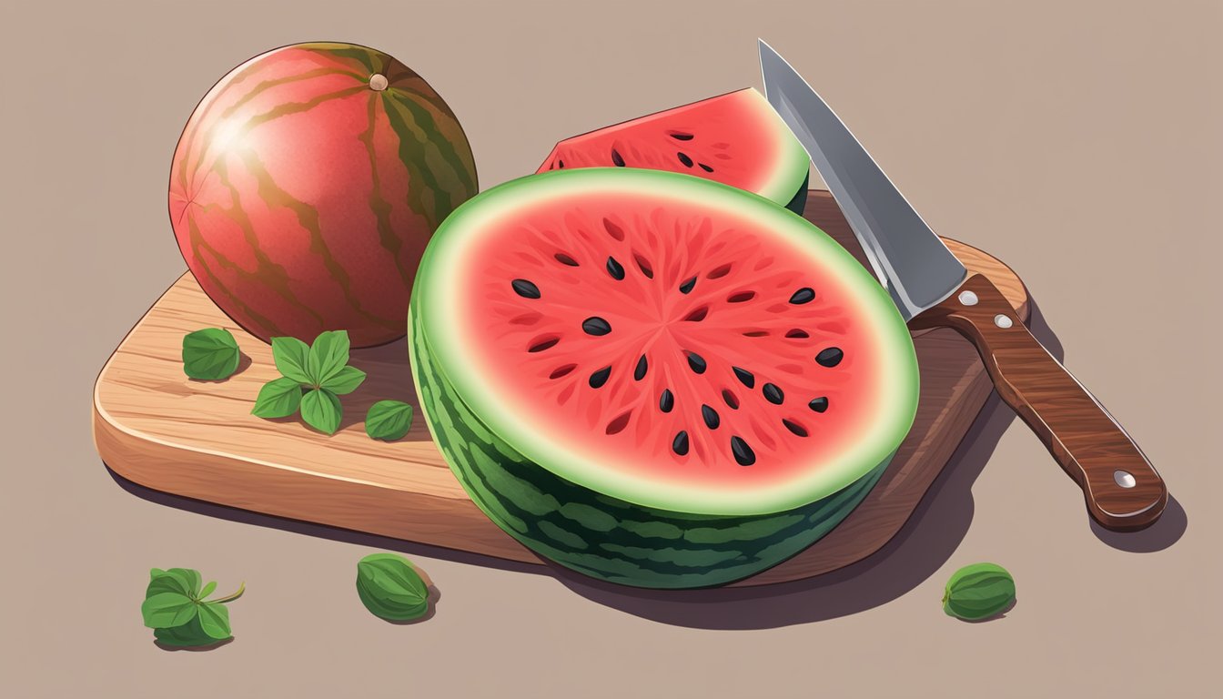 A ripe watermelon sliced open on a cutting board, with seeds and juicy red flesh exposed. A knife and a bowl of watermelon chunks nearby