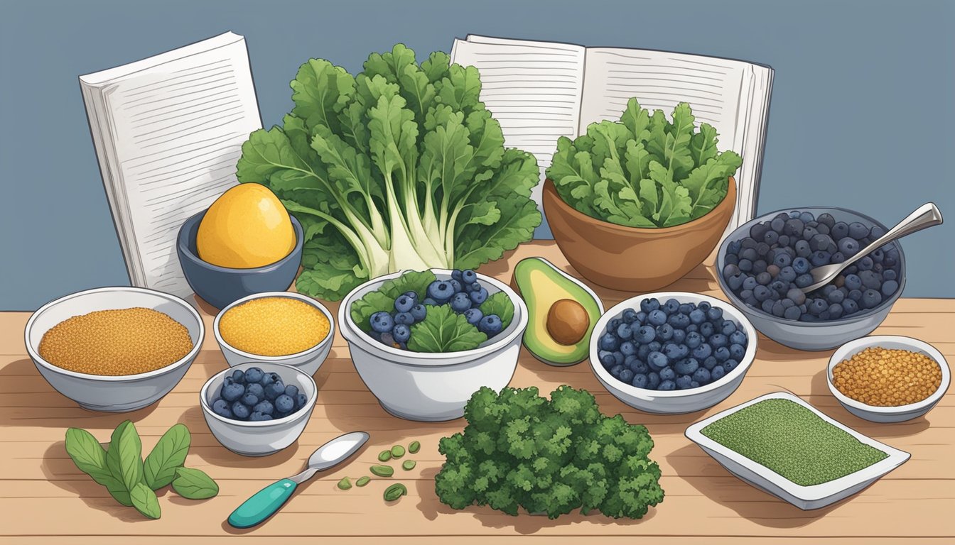 A kitchen counter with a variety of colorful superfoods, such as kale, blueberries, quinoa, and avocado, alongside cooking utensils and a recipe book