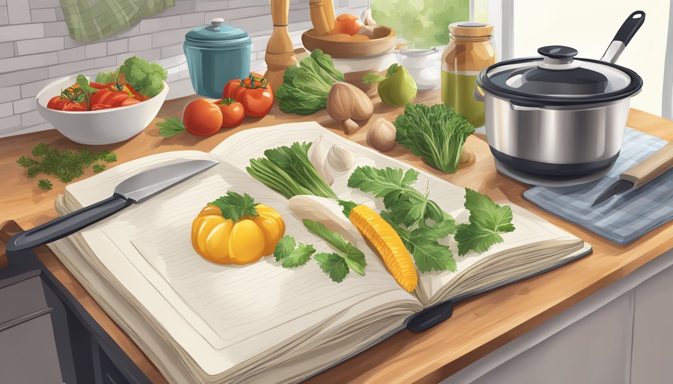 A kitchen counter with various fresh ingredients and cooking utensils, with a cookbook open to a recipe for a meal suitable for those with food intolerances