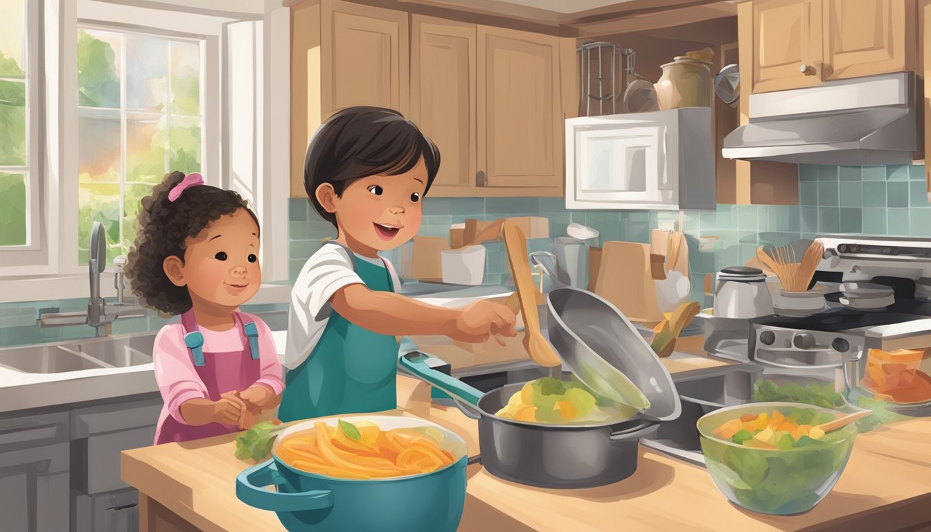 A child reaching for kitchen utensils while an adult guides them in cooking