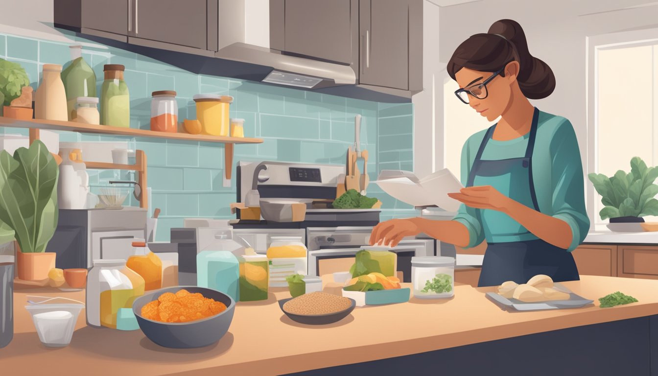 A person carefully reads food labels while cooking, avoiding common allergens. Ingredients are laid out on a clean, organized kitchen counter