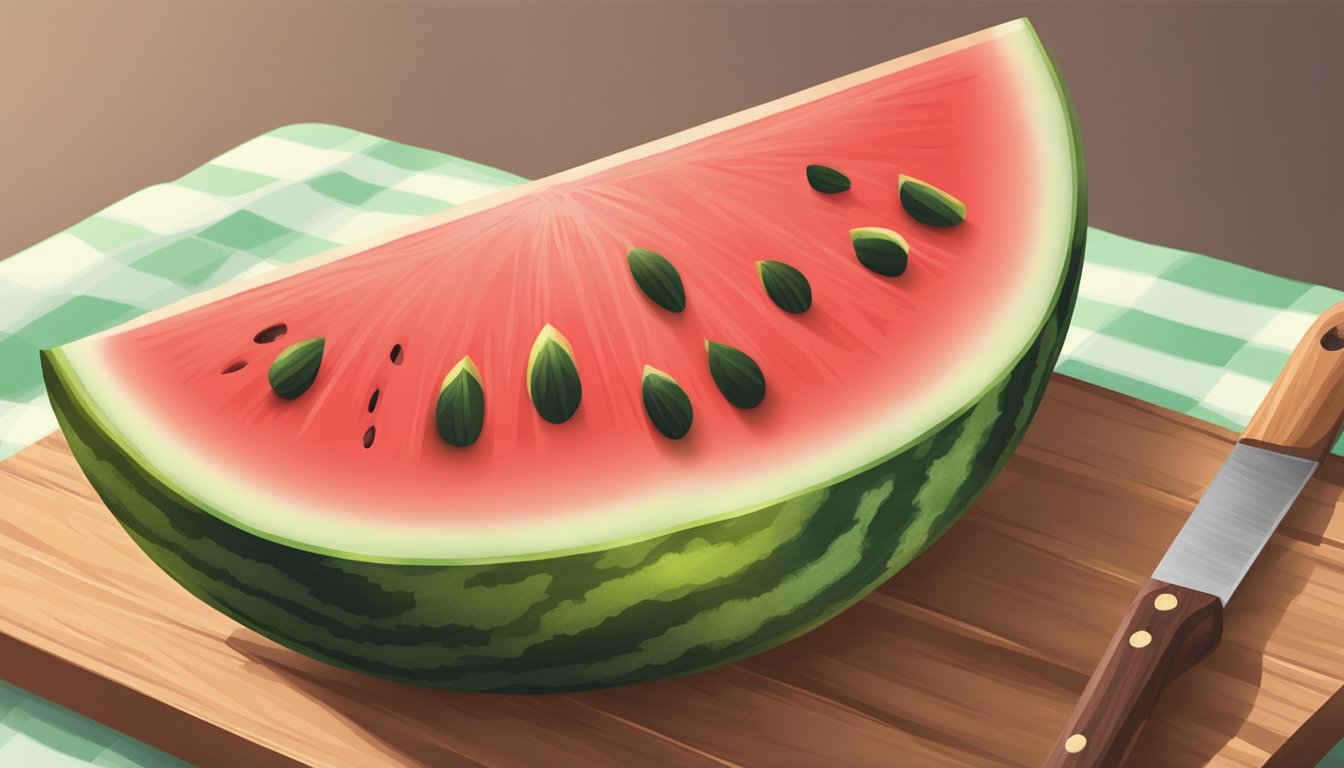 A watermelon being sliced into sticks on a wooden cutting board