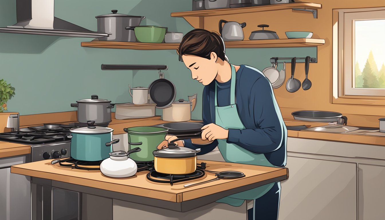 A person is cooking a simple meal on a portable stove in a cozy temporary housing unit, with pots and pans neatly organized on the counter