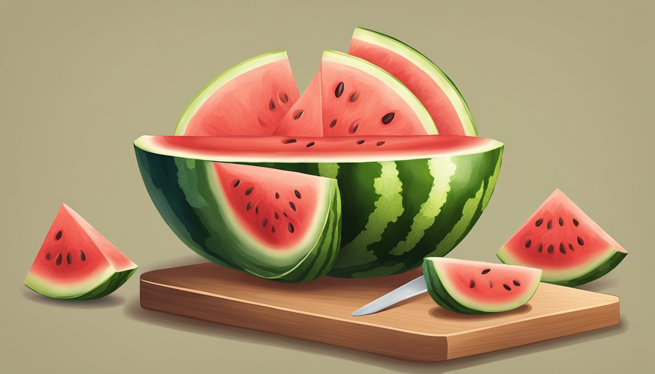 A watermelon sits on a cutting board. A melon baller scoops out perfectly round pieces, creating a decorative basket