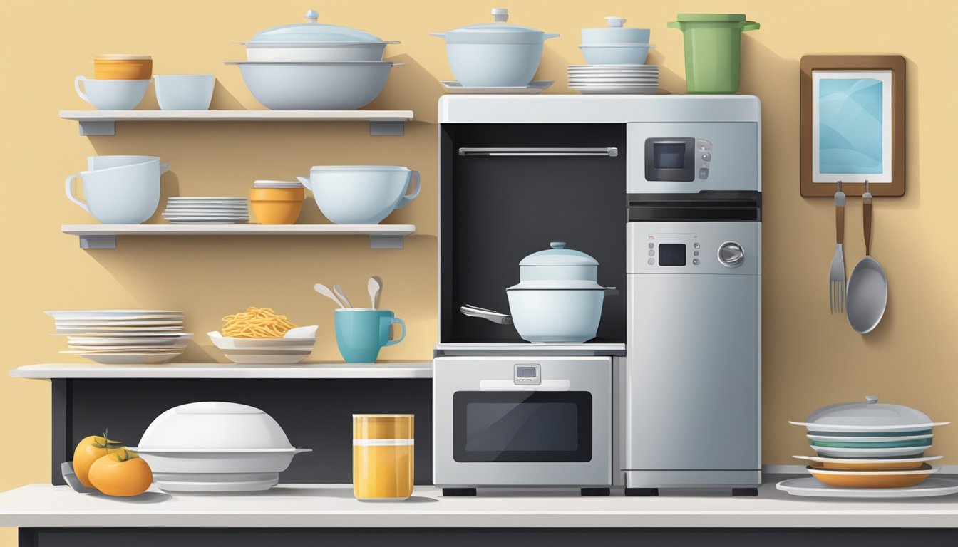 A small kitchenette with a hot plate, microwave, and mini fridge. A stack of paper plates and plastic utensils on the counter