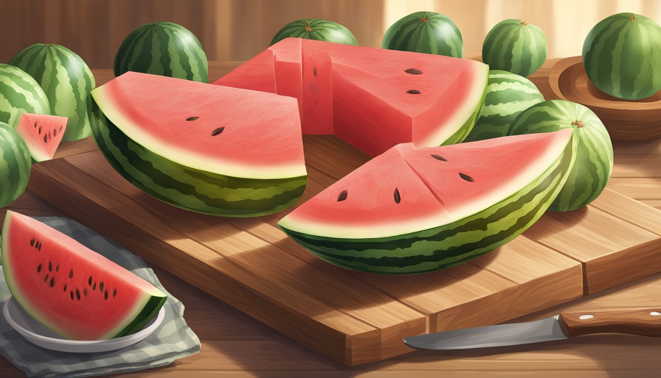 A watermelon being sliced into bite-sized pieces on a wooden cutting board, with a bowl nearby for collecting the rinds