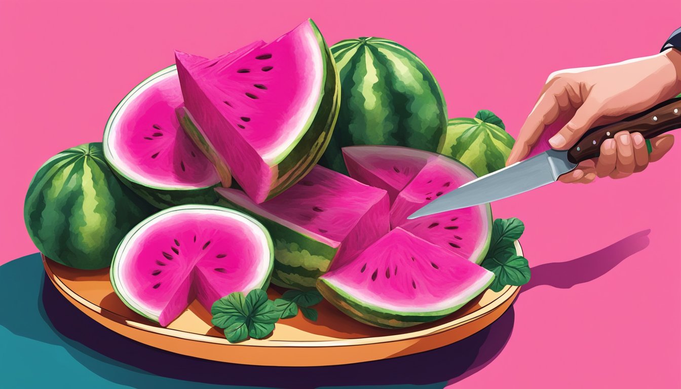 A hand reaching for a watermelon radish, a knife slicing through the vibrant pink flesh