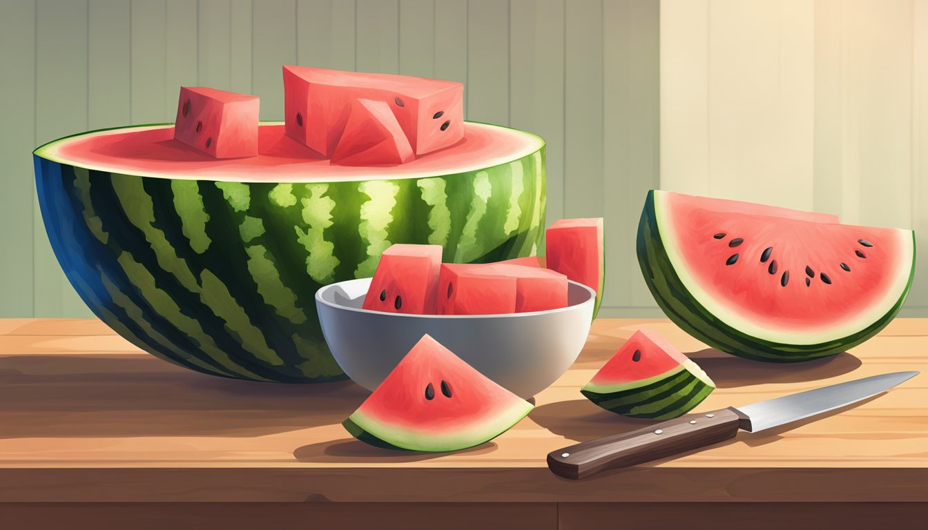 A watermelon being sliced into bite-sized pieces on a wooden cutting board, with a bowl of freshly cut watermelon beside it