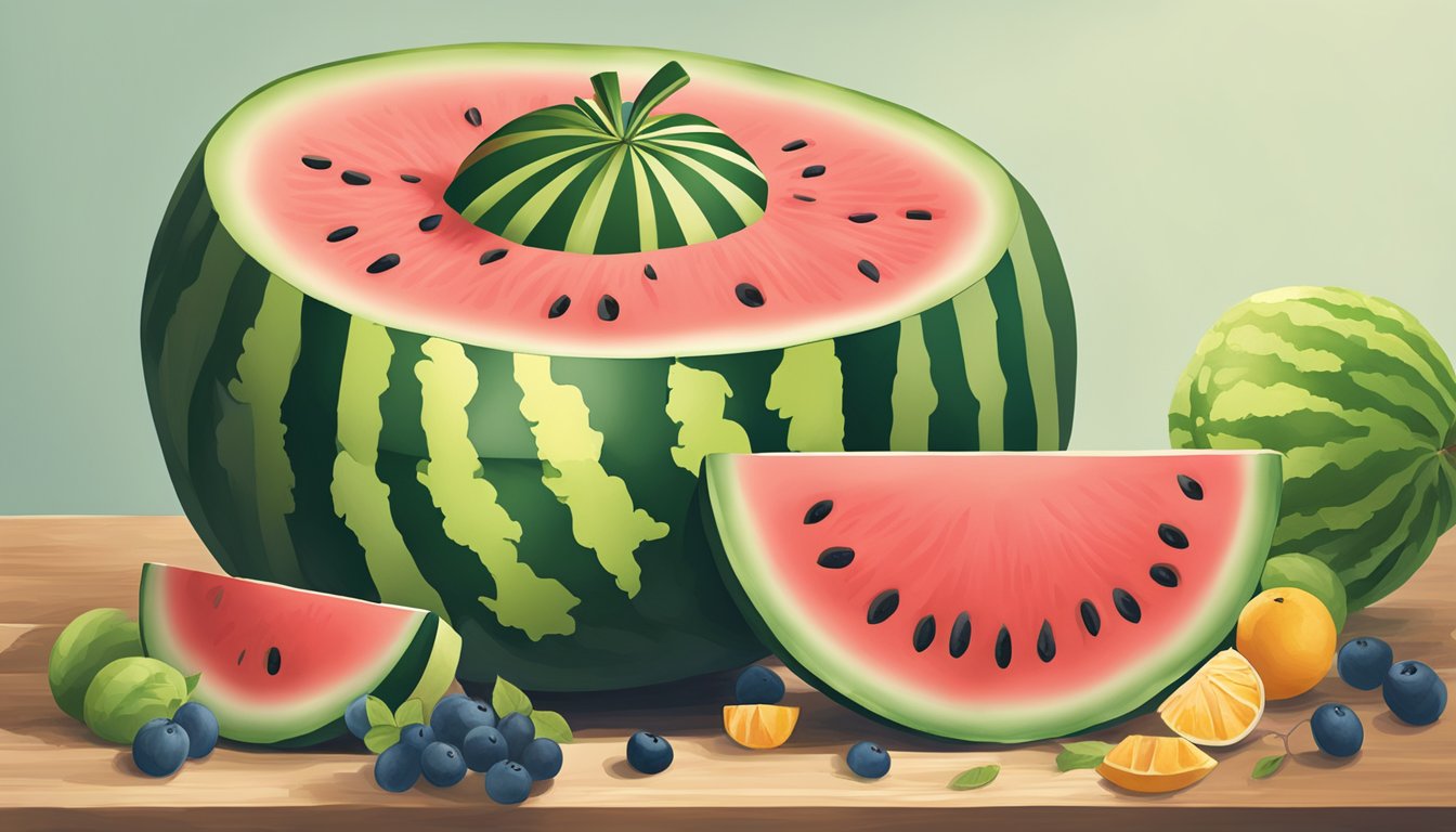 A watermelon being carved into a basket shape, with other fruits and enhancements nearby