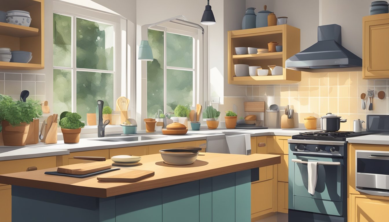 A small kitchen with a compact stove, cutting board, and pots on a cluttered countertop. A window lets in natural light, and a small table holds cooking utensils