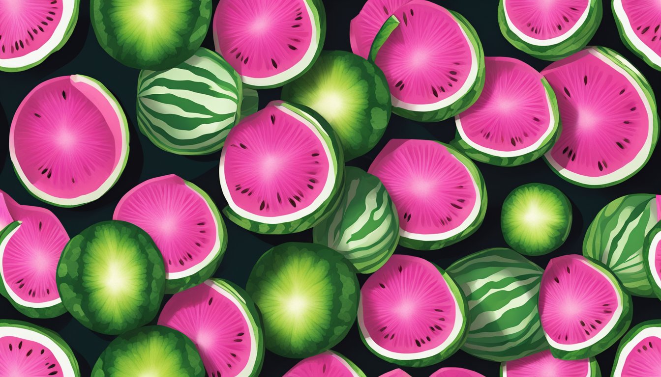 A sharp knife slices through a vibrant watermelon radish, revealing its pink and green interior