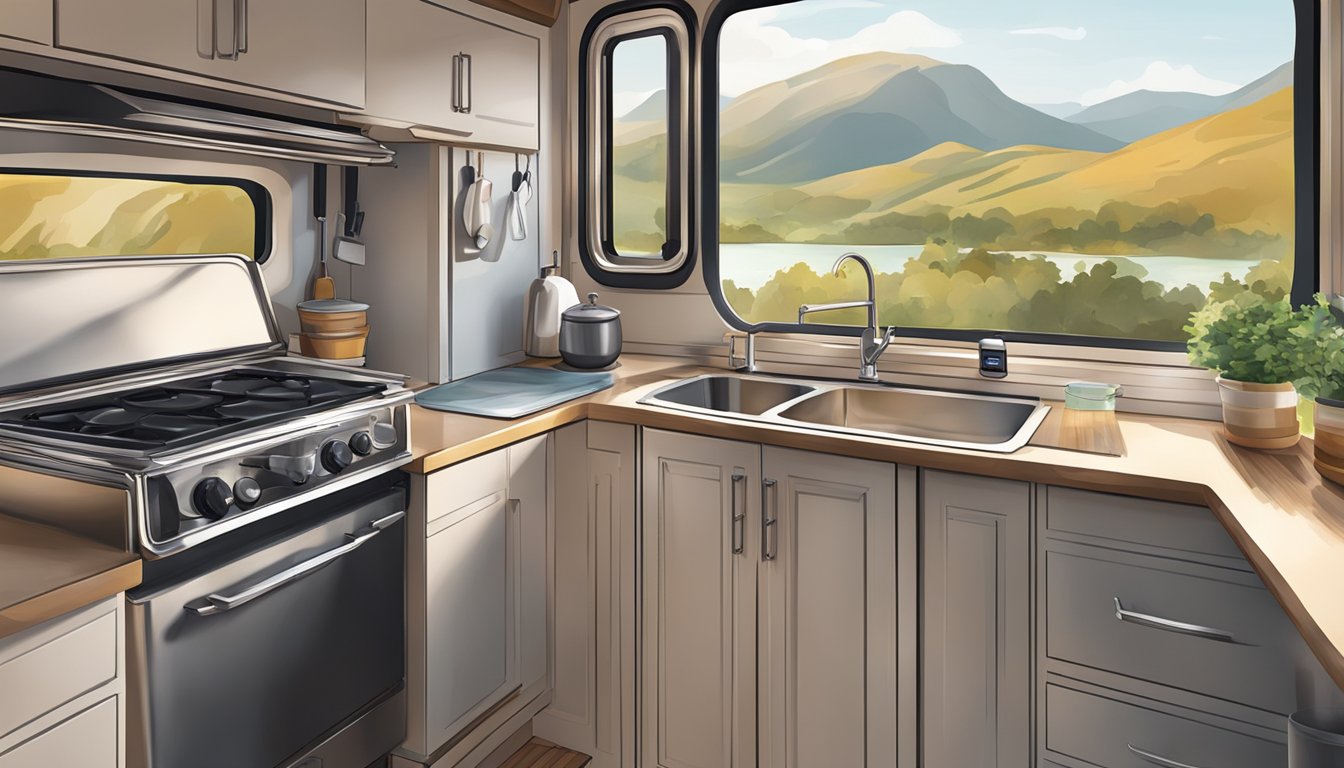 A cozy RV kitchen with a compact stove, pots and pans, and a window overlooking a scenic outdoor setting