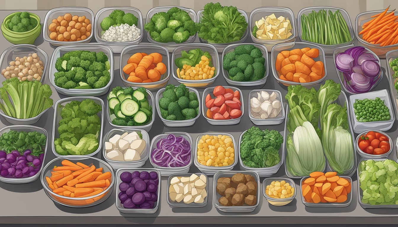 A colorful array of fresh vegetables and lean proteins being chopped, seasoned, and organized into portioned containers for a week's worth of healthy meals