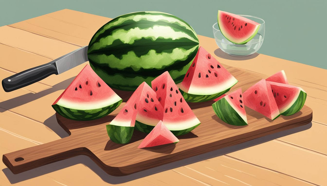 A watermelon being cut into triangle-shaped slices on a wooden cutting board