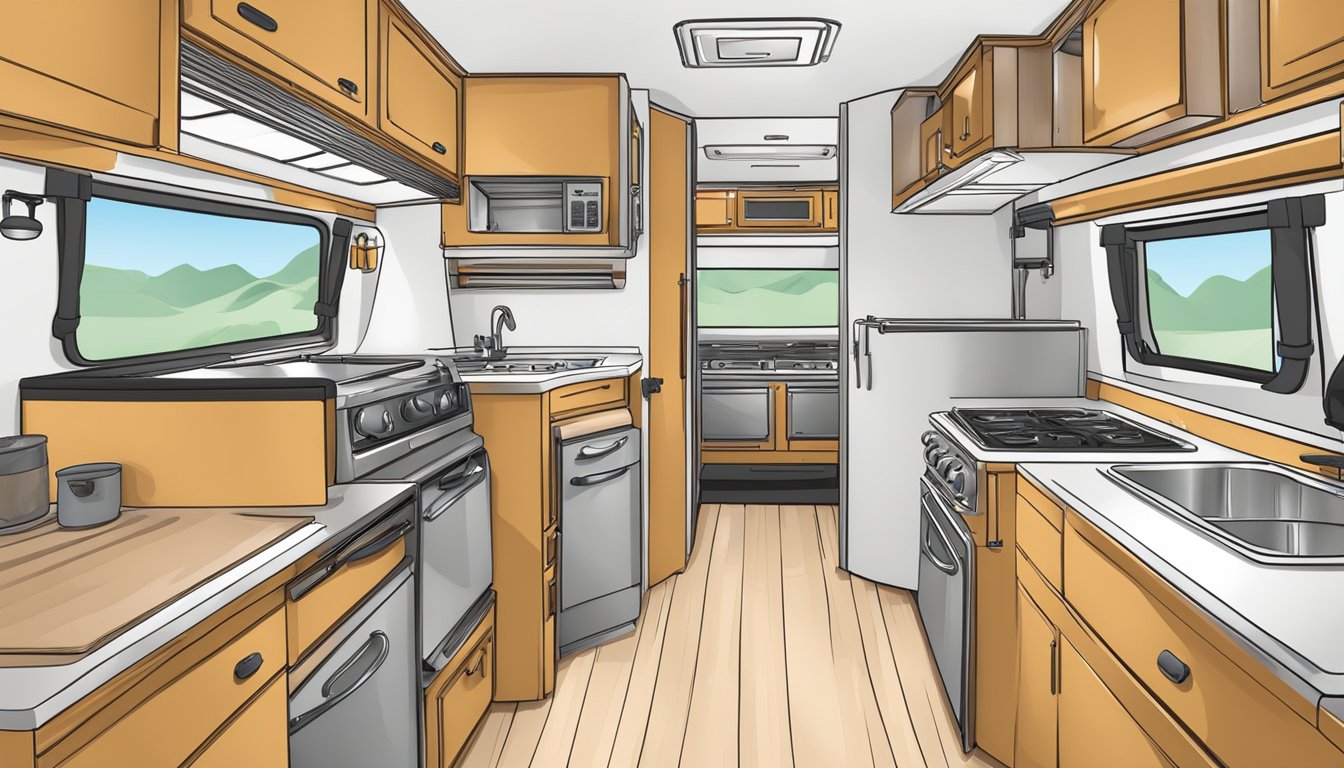 A compact kitchen in an RV, with neatly organized cooking utensils, a clean stovetop, and a fire extinguisher easily accessible