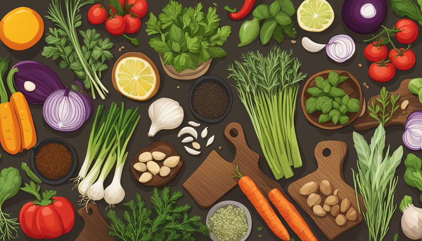 A colorful array of fresh herbs, spices, and vegetables arranged on a wooden cutting board, ready to be chopped and mixed for a flavorful and varied meal prep