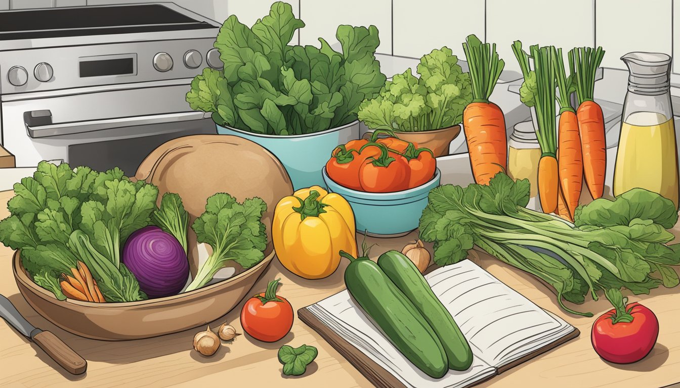 A kitchen counter filled with colorful fresh vegetables, herbs, and various cooking utensils, with a cookbook open to a recipe for inspiration