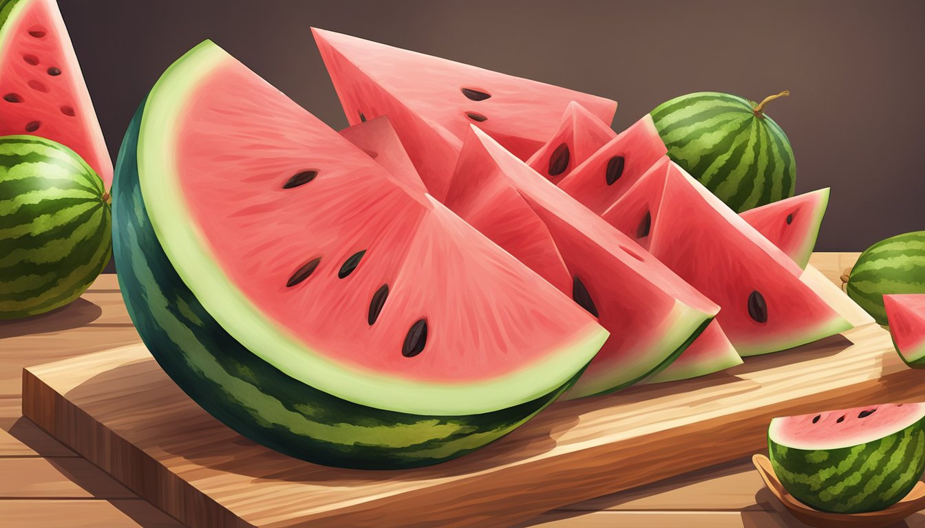 A watermelon being cut into triangular slices on a wooden cutting board