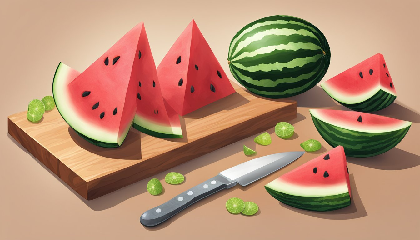 A watermelon being sliced into triangular pieces on a cutting board