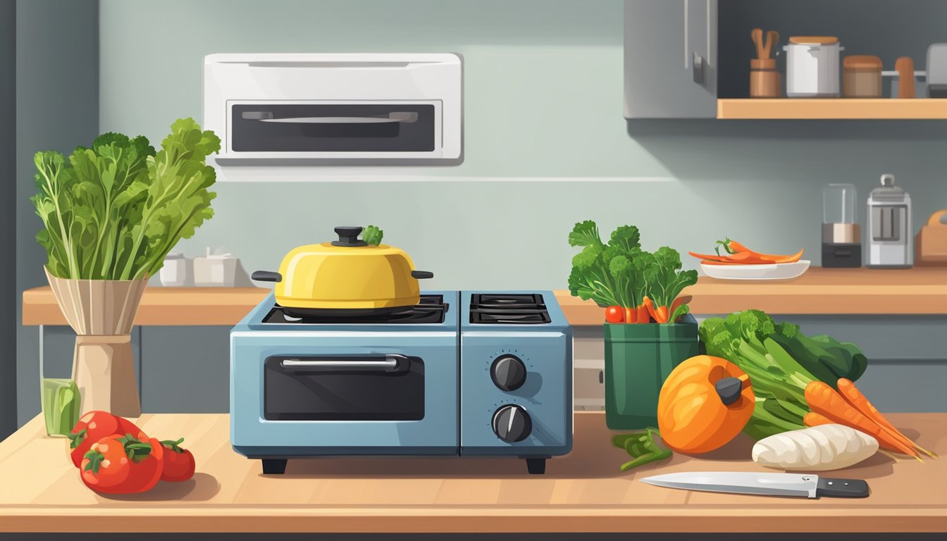 A small portable stove sits on a table next to a cutting board with fresh vegetables and a knife. A microwave and mini fridge are in the background