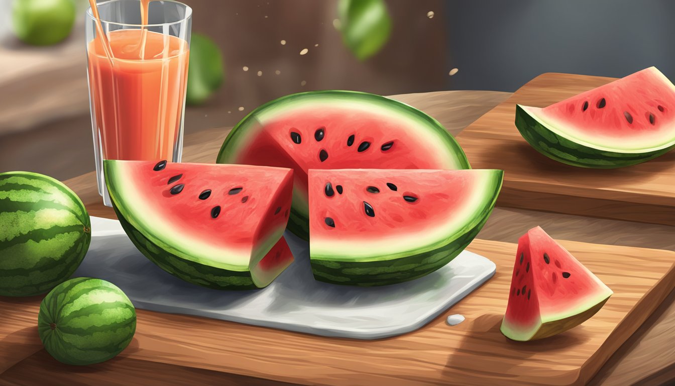 A ripe watermelon being sliced into wedges on a wooden cutting board, with juice dripping onto the surface