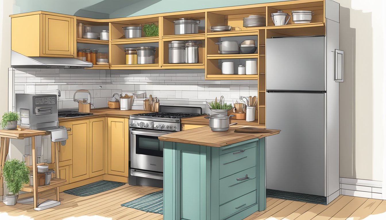 A compact kitchen with wall-mounted utensils, a multi-tiered spice rack, and a foldable cutting board over a built-in stovetop