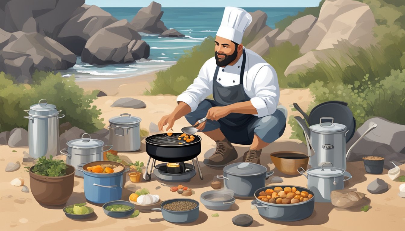 A chef uses a small camping stove on a rocky beach, surrounded by pots and pans, cooking utensils, and fresh ingredients