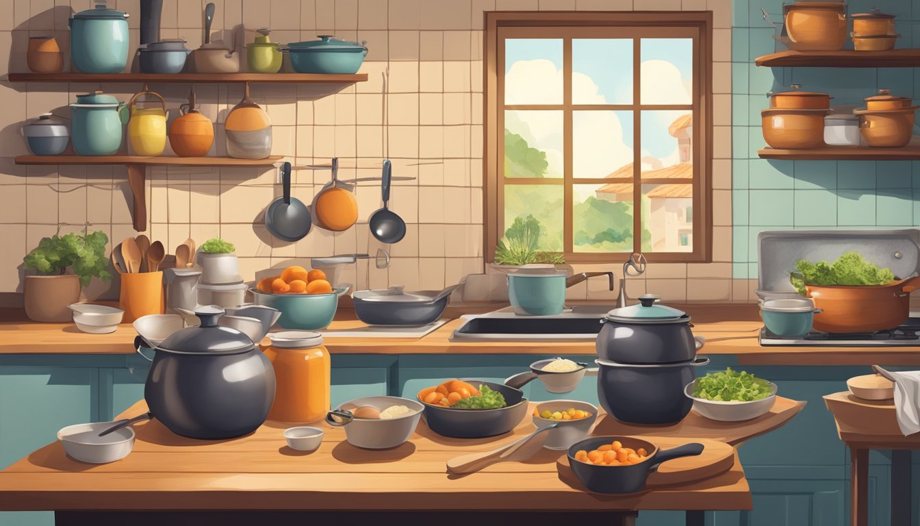 A small kitchen with pots, pans, and utensils arranged on a counter. A map of the foreign country hangs on the wall. Ingredients from the local market sit on the table