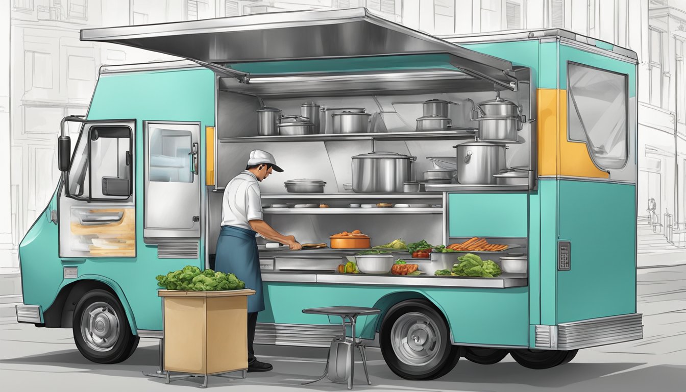 A chef cooking in a compact food truck kitchen, utilizing creative adaptations and efficient equipment to prepare meals on the go