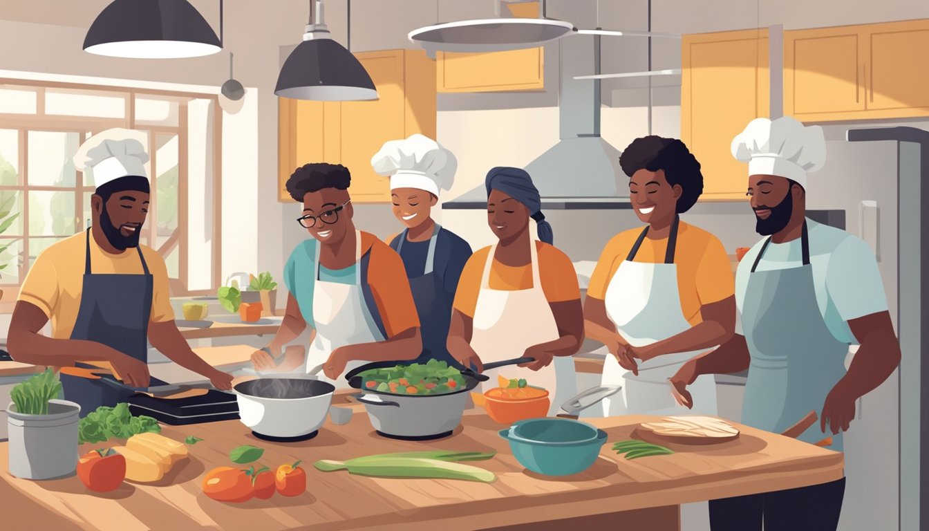 A diverse group of people cooking together in a shared kitchen, utilizing non-traditional cooking equipment and appliances