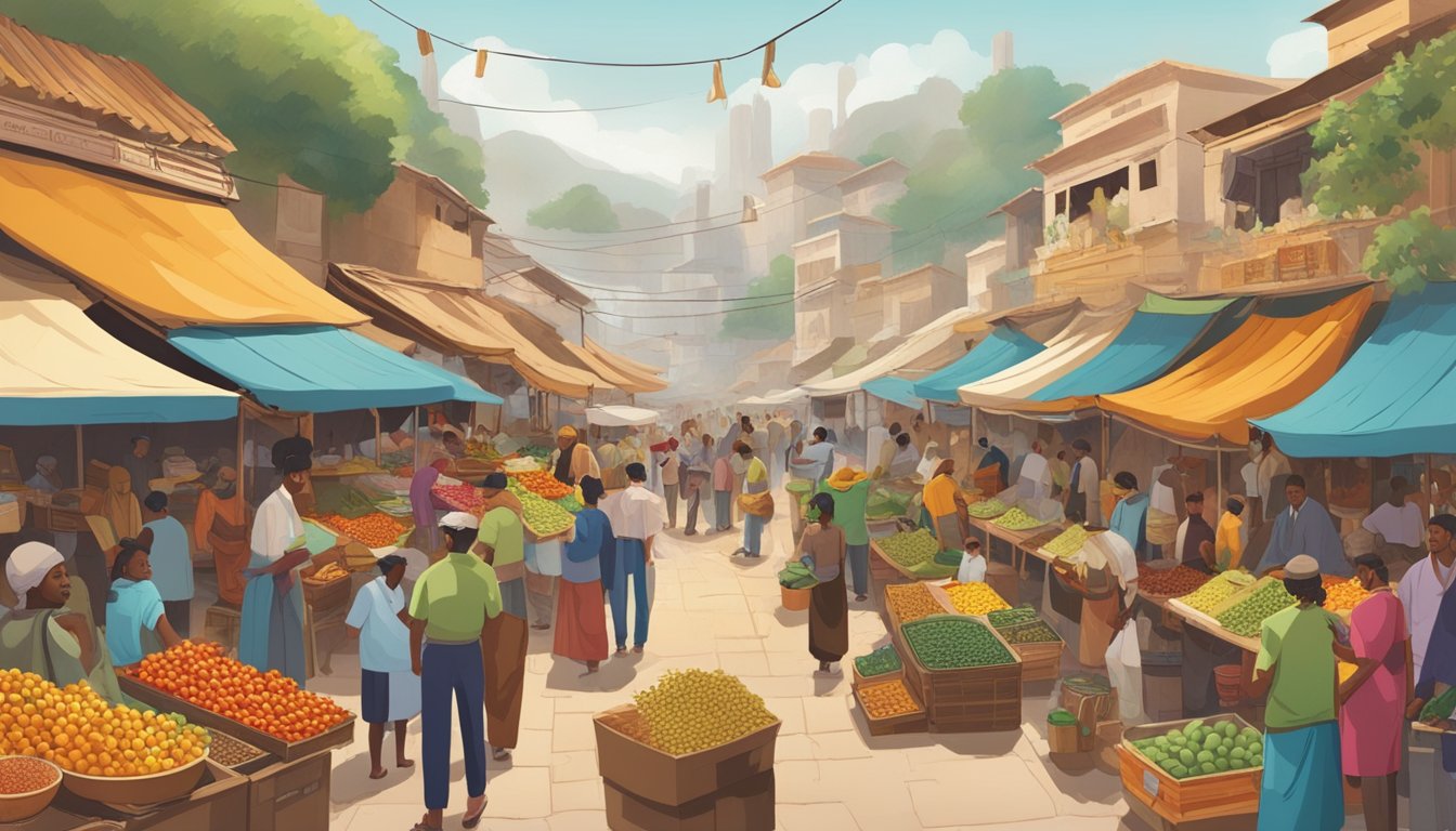 A bustling outdoor market with colorful produce stalls, exotic spices, and locals haggling over prices. A map of the world hangs in the background