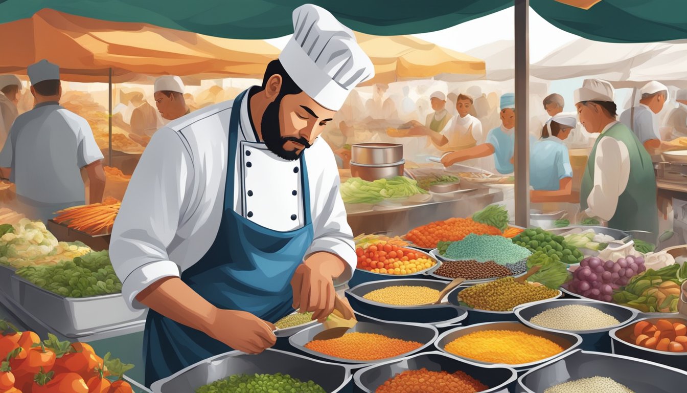 A chef in a bustling market, selecting vibrant, unfamiliar ingredients to incorporate into a sizzling pan on a portable stove