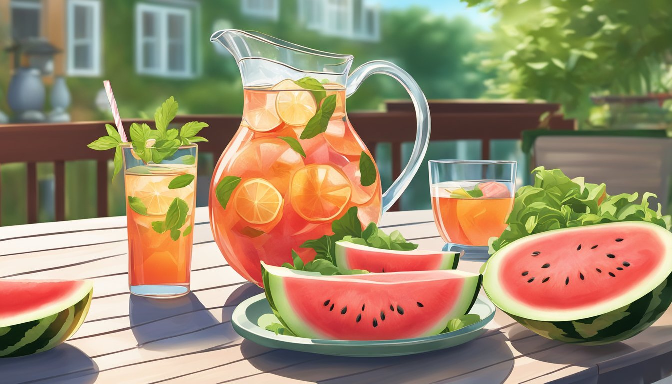 A pitcher of refreshing iced tea surrounded by slices of juicy watermelon and a bowl of vibrant salad ingredients on a sun-drenched patio table