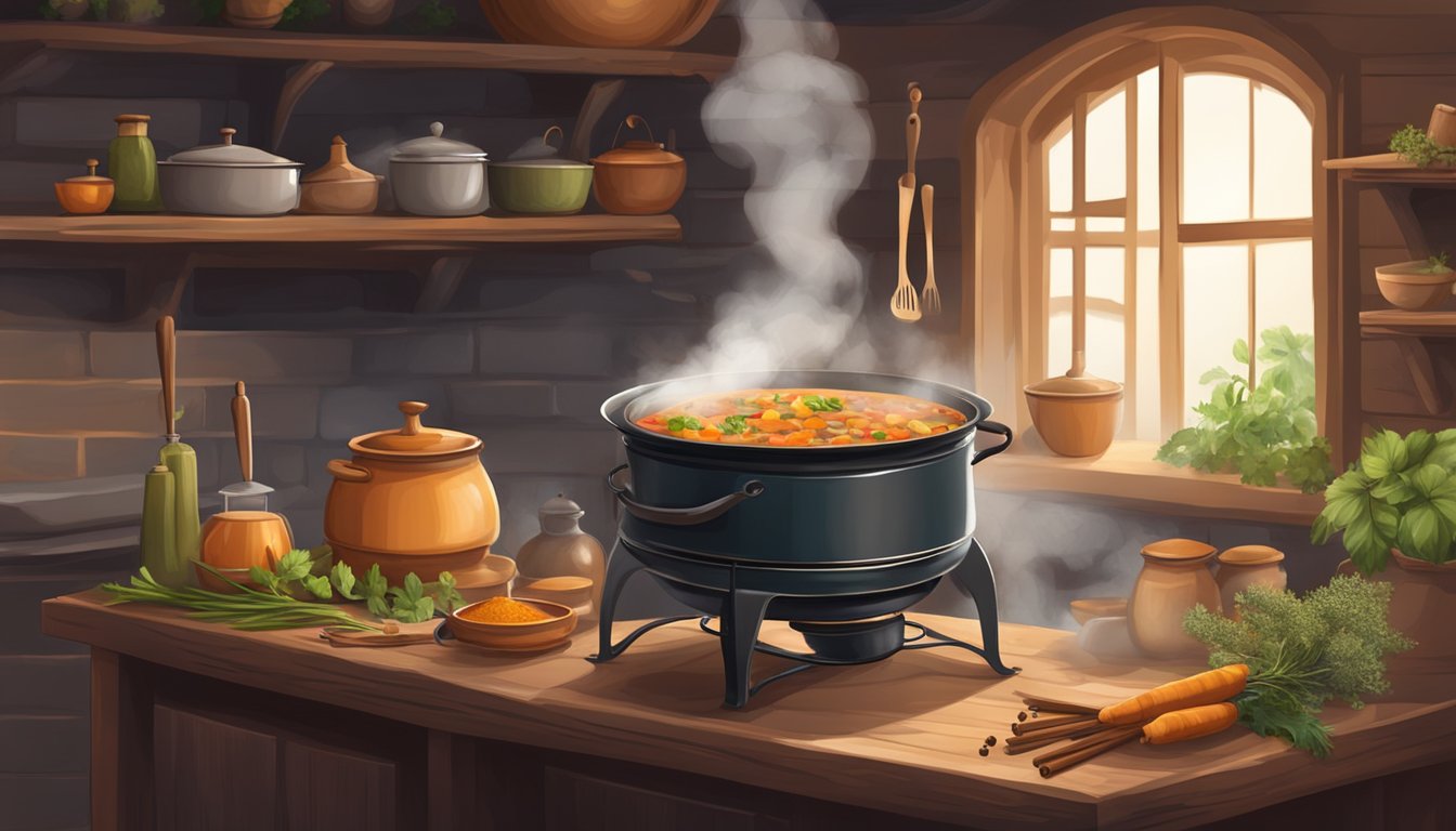 A steaming pot on a rustic stove, filled with local ingredients and spices. A cozy kitchen with foreign decor and traditional cooking utensils