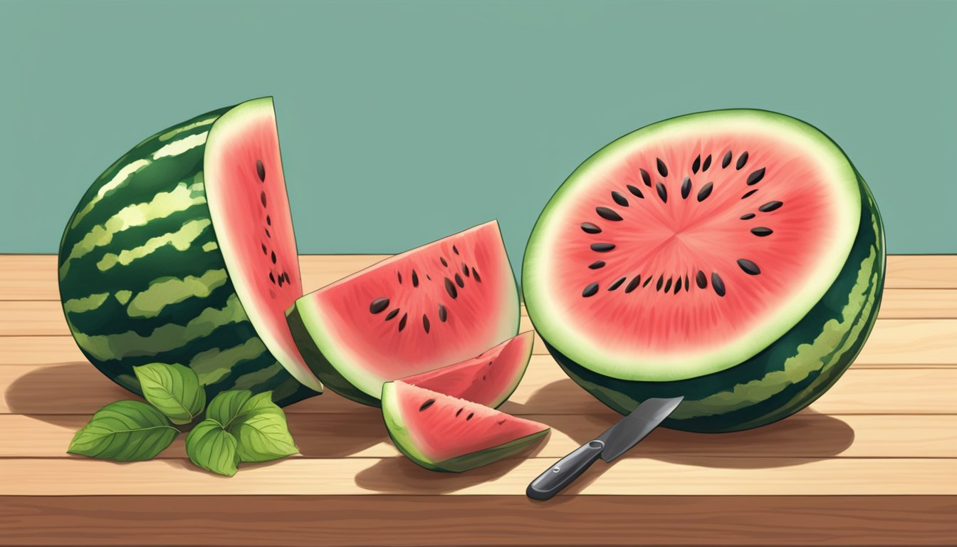 A watermelon with seeds being cut into wedges on a wooden cutting board