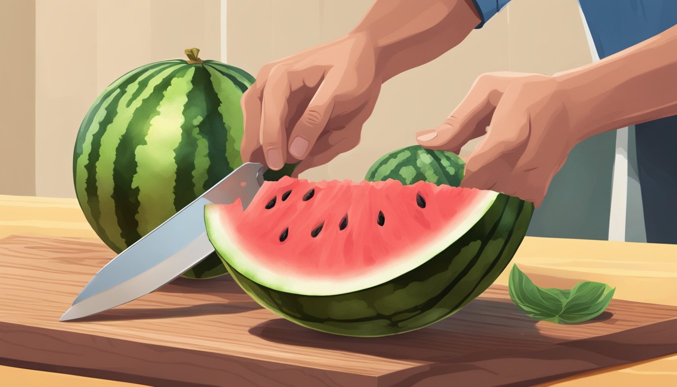 A hand holding a knife cuts a watermelon in half, then scoops out the flesh to create a bowl. Seeds and juice spill onto a cutting board