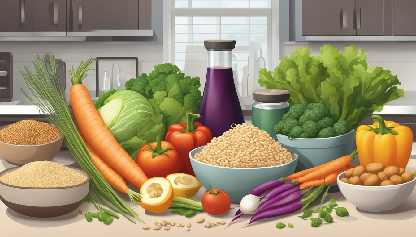 A colorful assortment of fresh vegetables, lean proteins, and whole grains arranged on a clean, organized kitchen counter