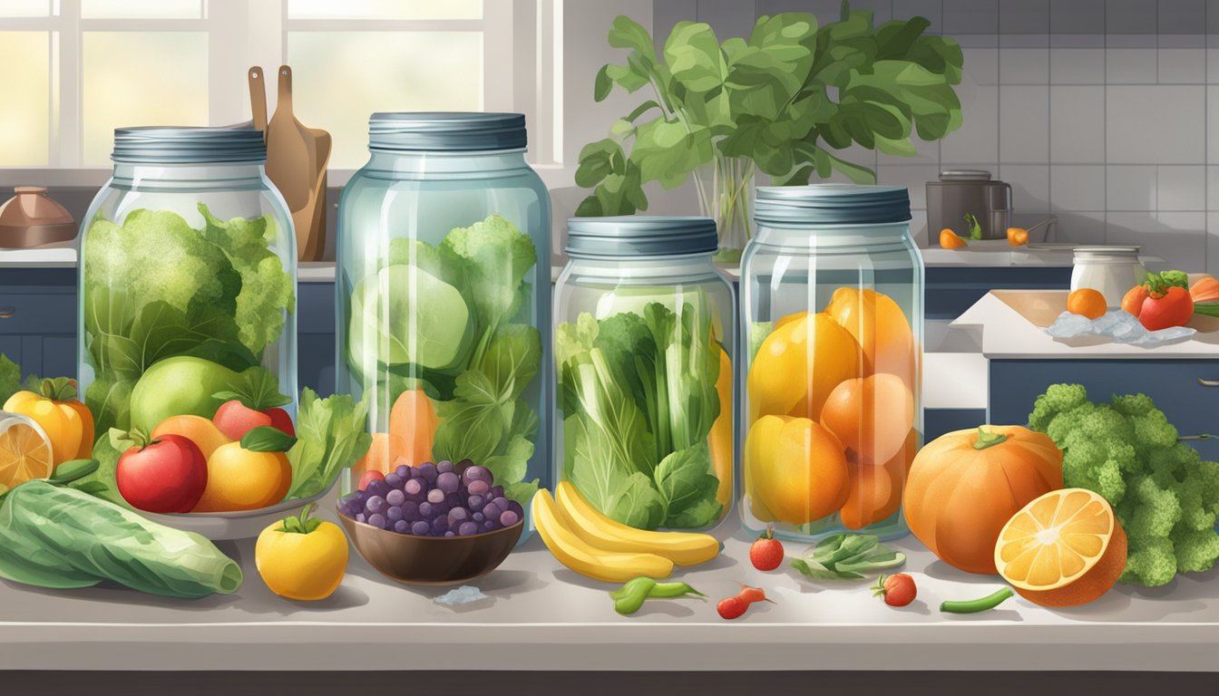 A kitchen counter with various fruits and vegetables being preserved in jars and containers, surrounded by ice packs and fans to combat the heatwave