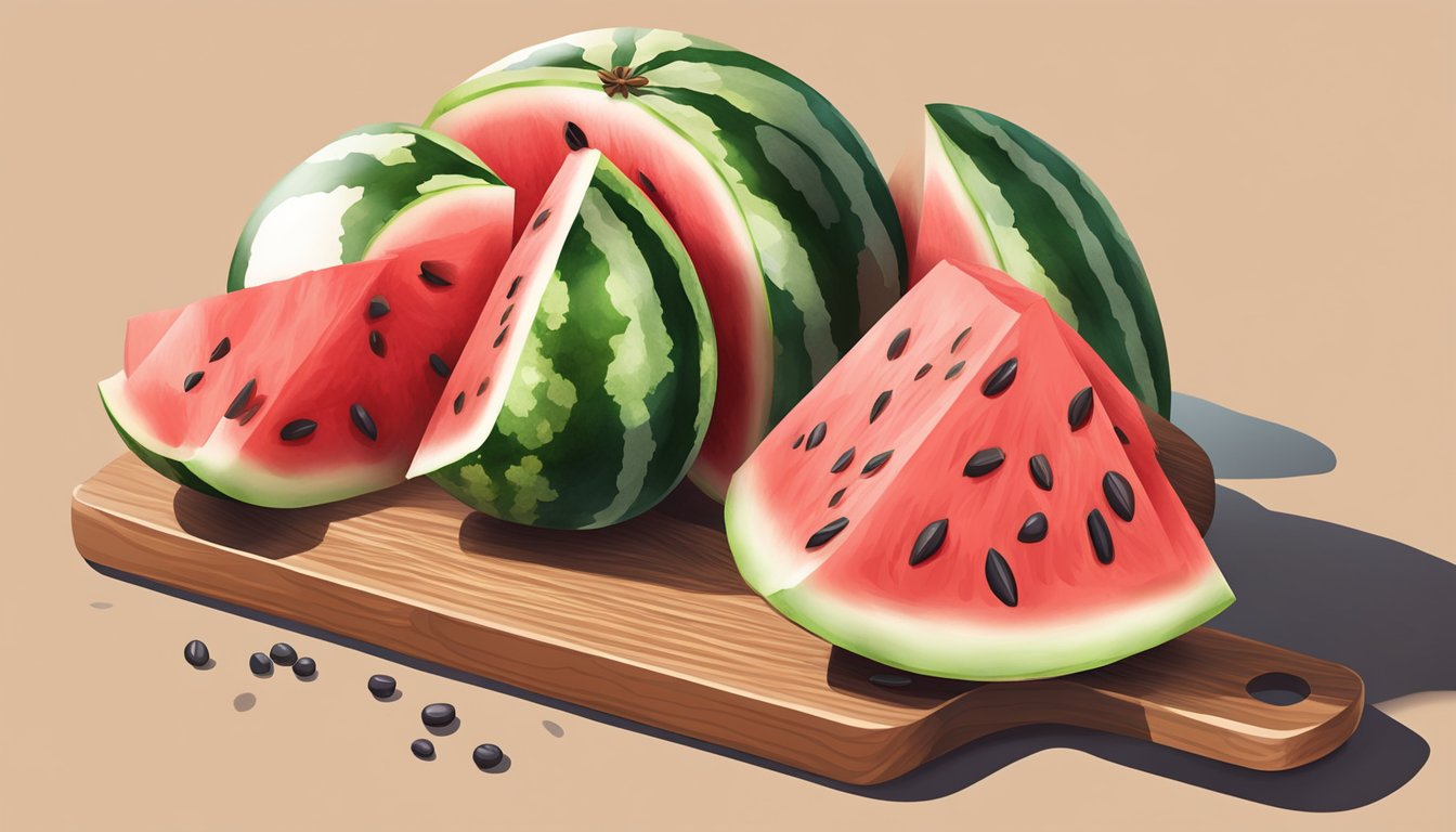 A watermelon with seeds being cut into wedges on a wooden cutting board