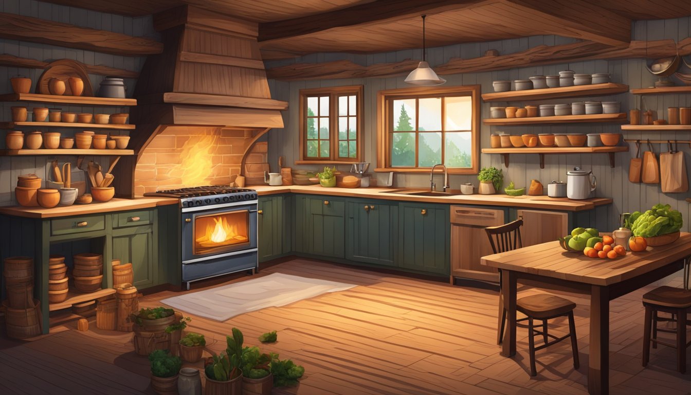 A cozy cabin kitchen with a crackling fire, rustic wooden table, and shelves stocked with fresh ingredients for creating hearty meals