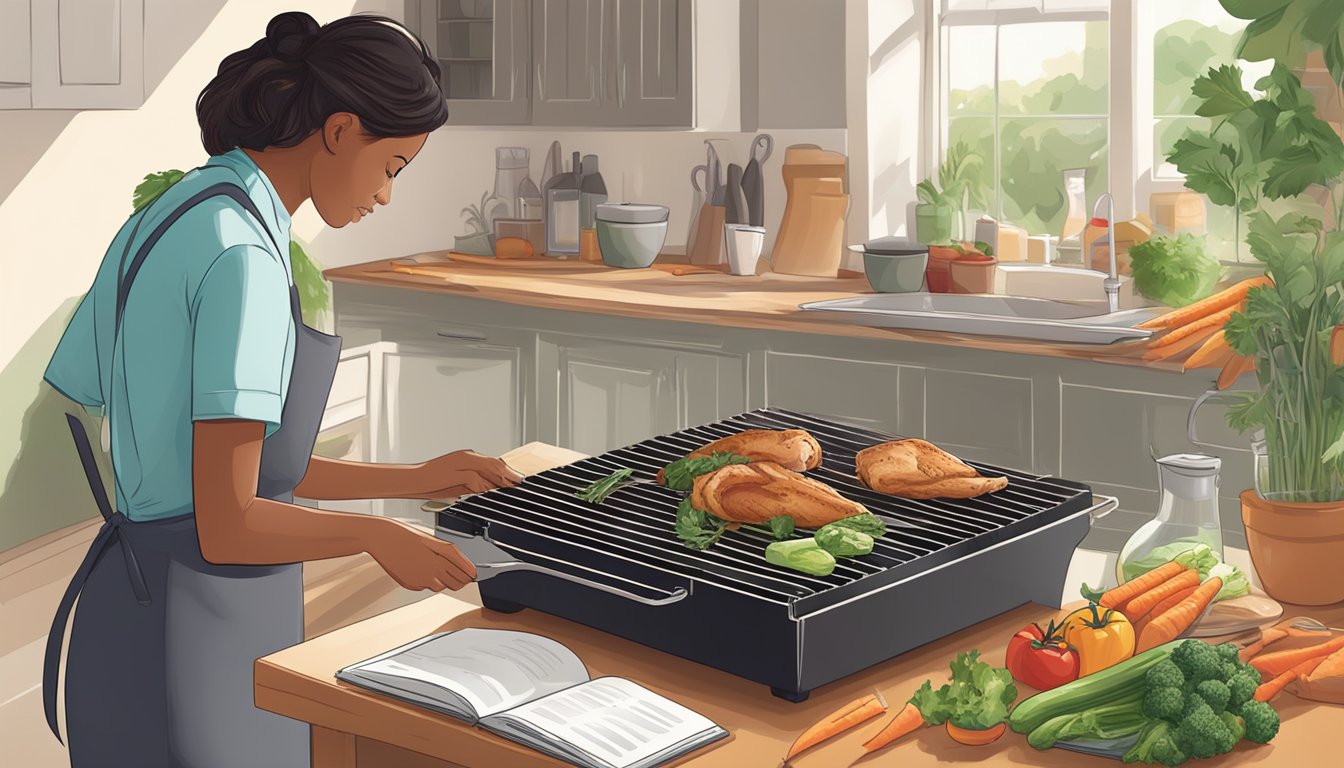 A person quickly chopping vegetables and grilling chicken while glancing at a timer and a recipe book