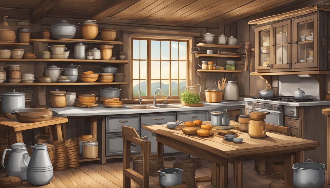 A rustic cabin kitchen with a wood-burning stove, a cluttered pantry, and a table set with mixing bowls and ingredients for baking