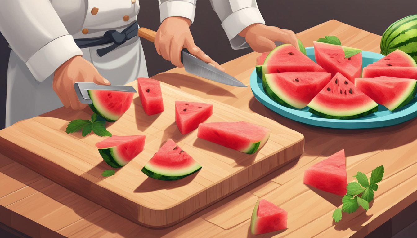 A chef slices watermelon into fry-shaped pieces on a cutting board