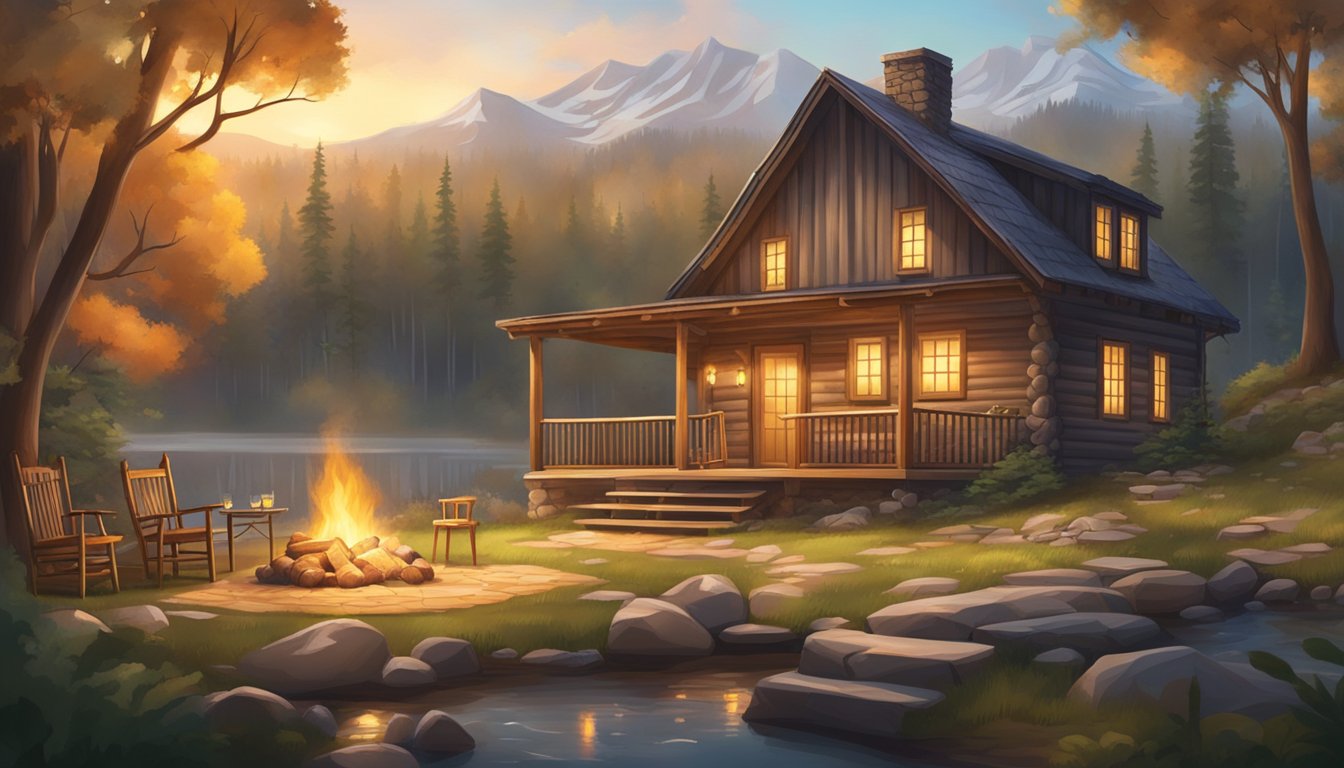 A cozy cabin nestled in the woods, with a crackling fire and a table set with a rustic meal, surrounded by beautiful scenery