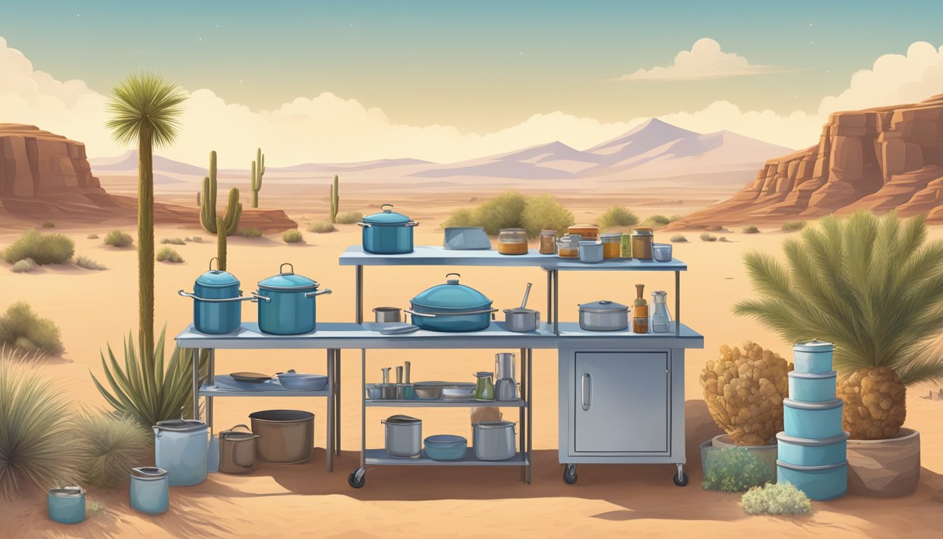 A desert landscape with a small outdoor kitchen, pots and pans, and ingredients laid out under a bright, cloudless sky