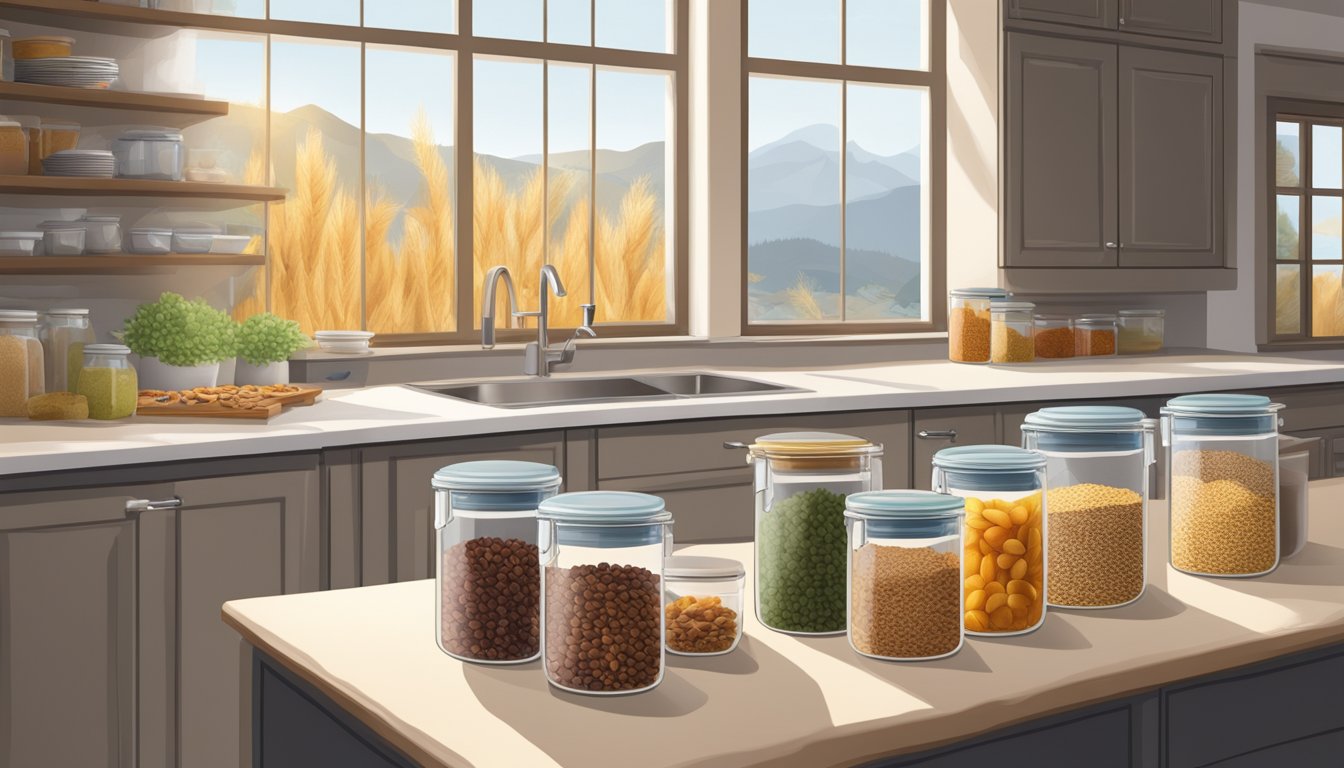 A kitchen with airtight containers of grains and dried fruits, a dehydrated landscape visible through the window