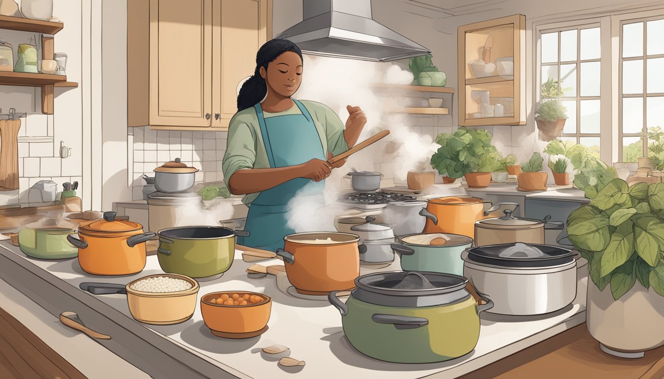 A person sits at a kitchen table, surrounded by pots, pans, and ingredients. The steam rises from a pot on the stove as they stir the contents with a wooden spoon. A warm, comforting aroma fills the room