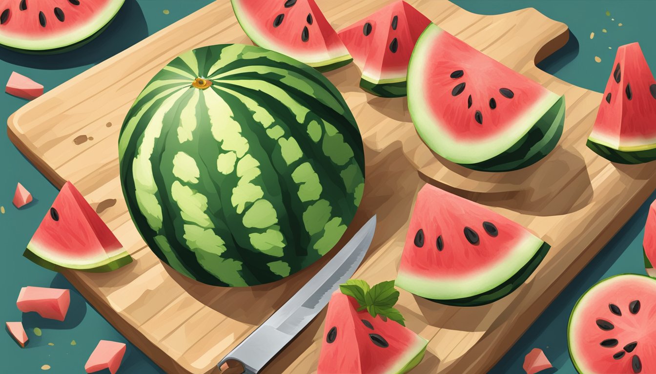 Watermelon sticks arranged on a cutting board, with a knife slicing through one